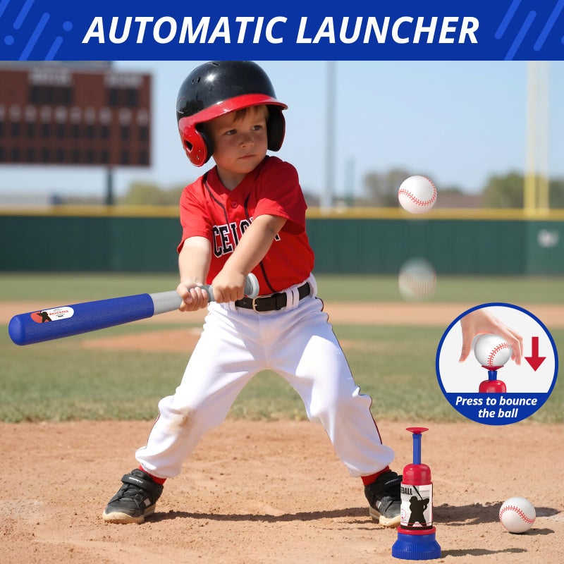HYES 3-in-1 Baseball Set for Kids 3-5 - Tee Ball Stand, Hanging Tee, Ball Launcher and 6 Softballs - Adjustable Height, Indoor/Outdoor Sport Gifts for Boys Girls, Blue - Image 4