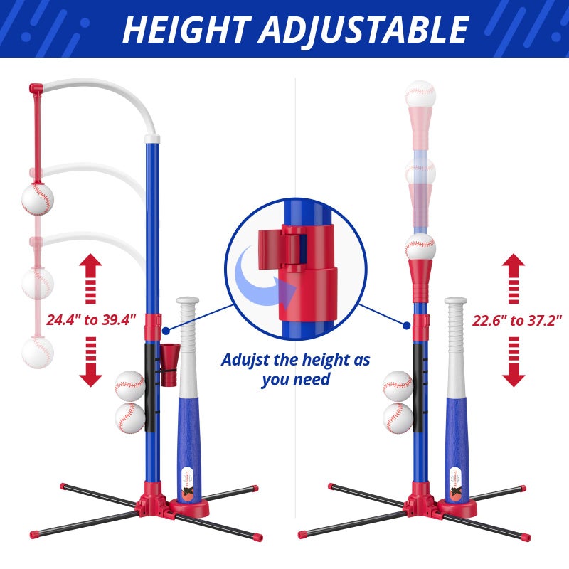 HYES 3-in-1 Baseball Set for Kids 3-5 - Tee Ball Stand, Hanging Tee, Ball Launcher and 6 Softballs - Adjustable Height, Indoor/Outdoor Sport Gifts for Boys Girls, Blue - Image 5
