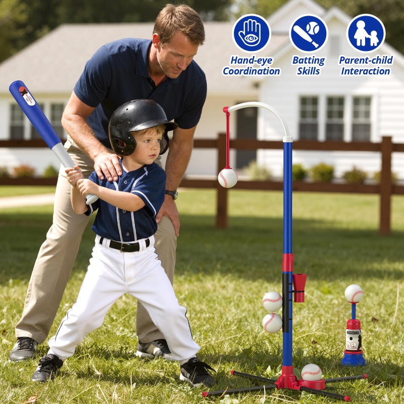 HYES 3-in-1 Baseball Set for Kids 3-5 - Tee Ball Stand, Hanging Tee, Ball Launcher and 6 Softballs - Adjustable Height, Indoor/Outdoor Sport Gifts for Boys Girls, Blue - Image 3