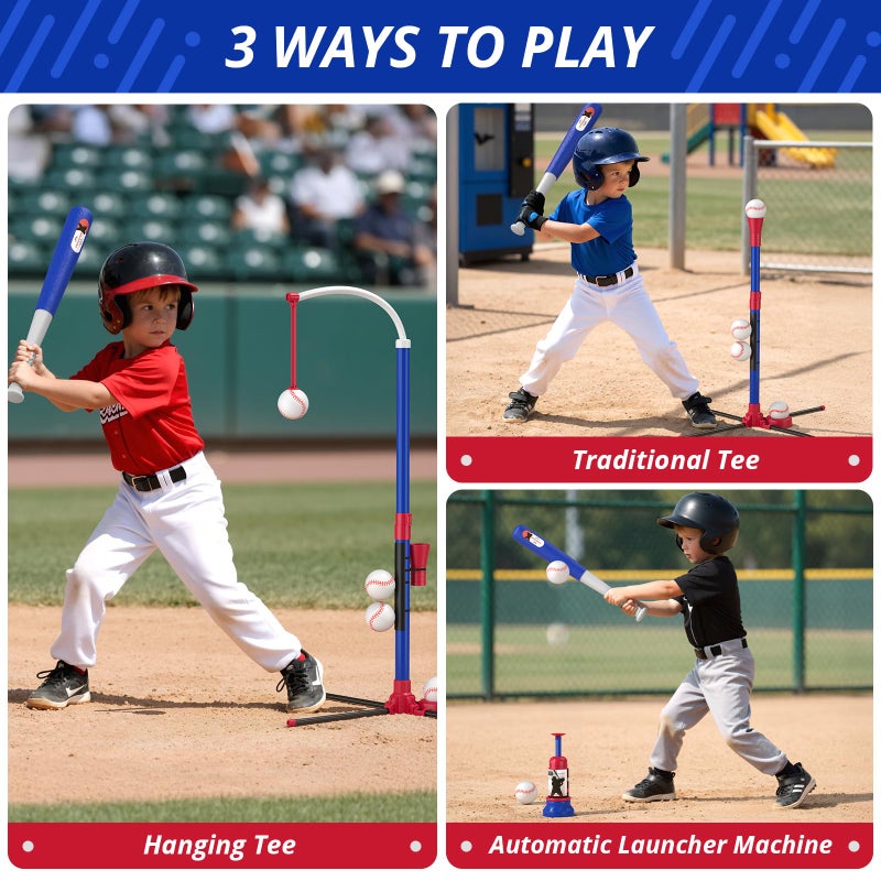 HYES 3-in-1 Baseball Set for Kids 3-5 - Tee Ball Stand, Hanging Tee, Ball Launcher and 6 Softballs - Adjustable Height, Indoor/Outdoor Sport Gifts for Boys Girls, Blue - Image 2
