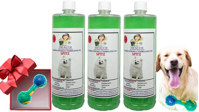 swacch Spitz Dog Shampoo + Dumbbell Toy I Durable Rubber Dog Toy for Chewing I Playing,Teeth Cleaning & Training Toy I Combo Pack I 1 Litre Pack of 3 Neem Alovera - Image 1