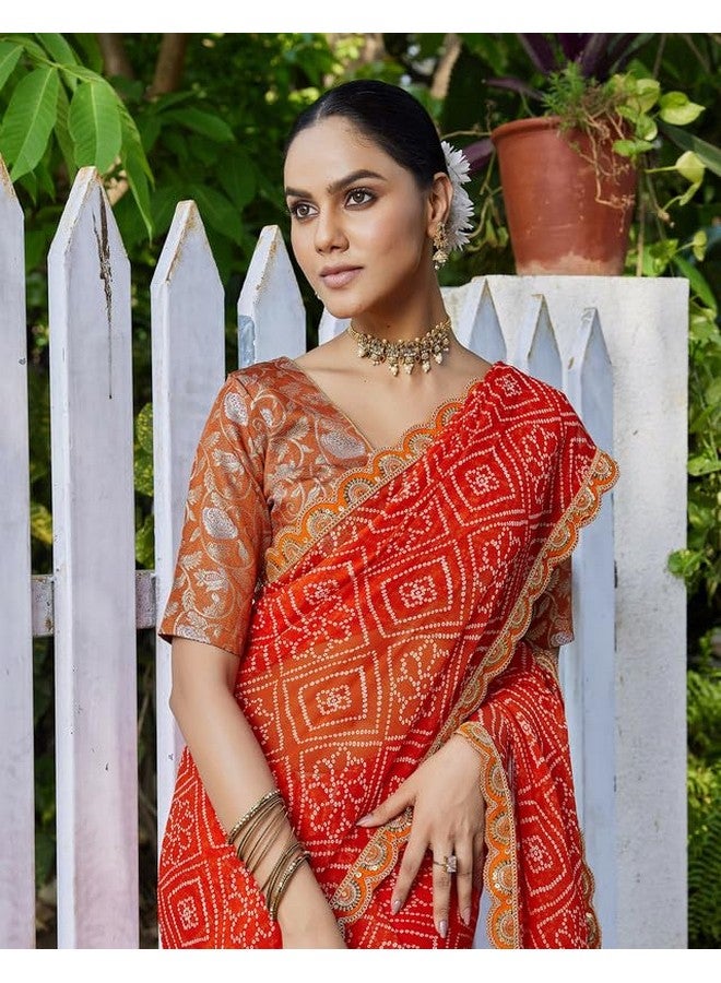 SIRIL Women's Georgette Bandhani Printed Saree with Unstitched Blouse Piece (4311S133_Orange) - Image 5