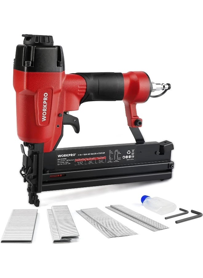 WORKPRO WORKPRO Pneumatic Brad Nailer, 18 GA, 2 in 1 Nail Gun and Crown Stapler, with 400pcs Nails/ 300pcs Staples, for Carpentry, DIY Project, Woodworking  - Image 1