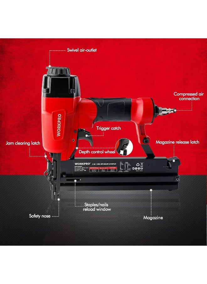 WORKPRO WORKPRO Pneumatic Brad Nailer, 18 GA, 2 in 1 Nail Gun and Crown Stapler, with 400pcs Nails/ 300pcs Staples, for Carpentry, DIY Project, Woodworking  - Image 2
