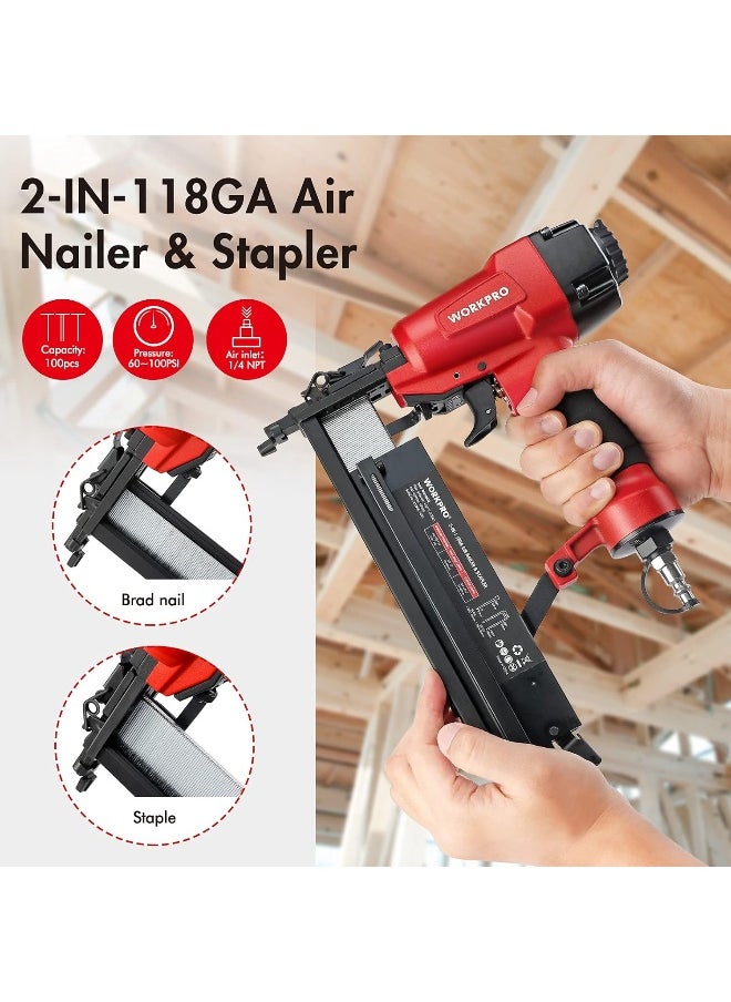 WORKPRO WORKPRO Pneumatic Brad Nailer, 18 GA, 2 in 1 Nail Gun and Crown Stapler, with 400pcs Nails/ 300pcs Staples, for Carpentry, DIY Project, Woodworking  - Image 4