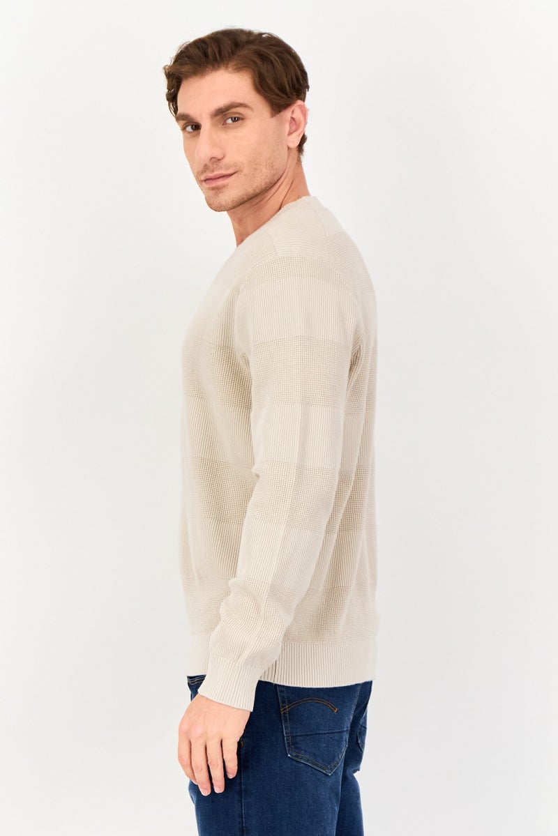 Celio Men Crew Neck Textured Long Sleeve Sweater, Cream - Image 2