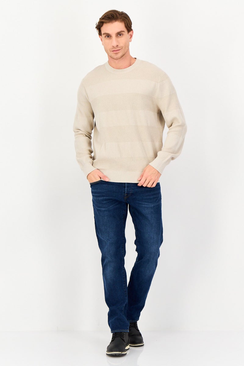Celio Men Crew Neck Textured Long Sleeve Sweater, Cream - Image 3