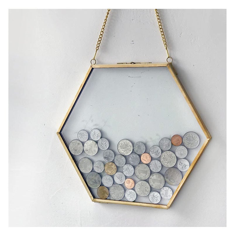 Ebrima Gold Glass Frame for Coin Display Wall Hanging Coin Collecting Holders Currency Dollar Bill Collection Supplies Holders for Collectors Glass Piggy Bank Medium