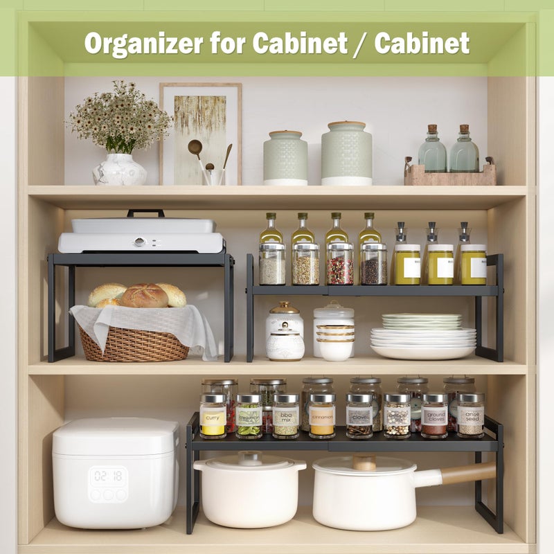 DOLALIKE Expandable kitchen Countertop Organizer, Stackable Cabinet Shelf Organizers, Space Saving Spice Rack Pantry Storage for Bathroom Office (Black, 1 Pack) - Image 2