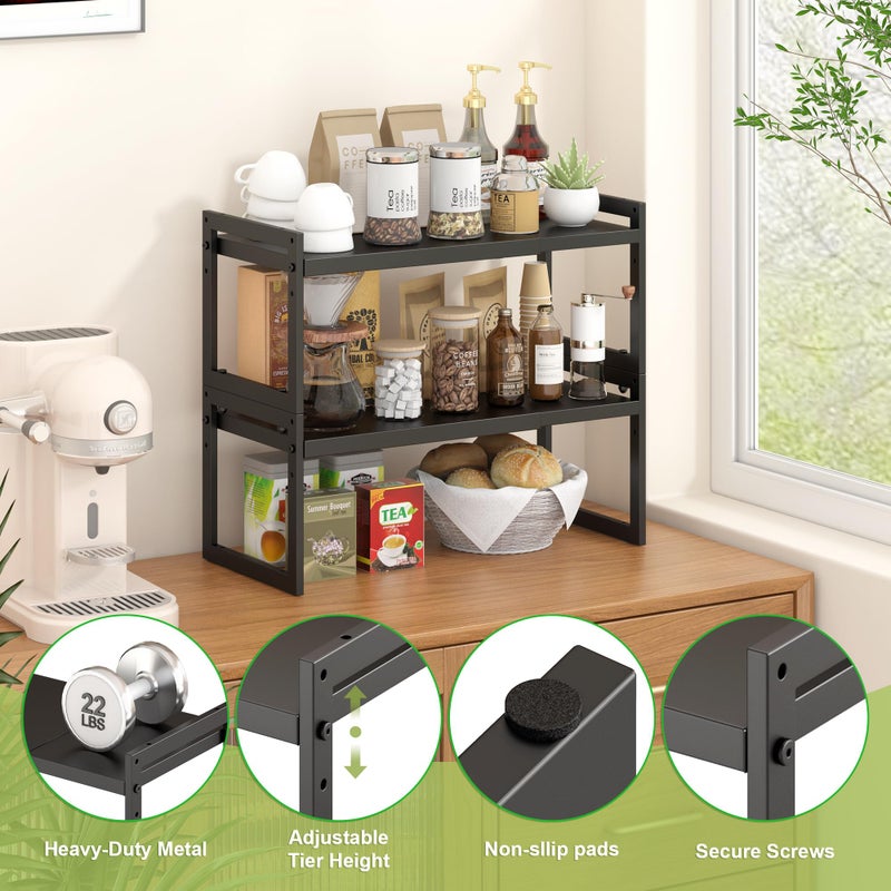 DOLALIKE Expandable kitchen Countertop Organizer, Stackable Cabinet Shelf Organizers, Space Saving Spice Rack Pantry Storage for Bathroom Office (Black, 1 Pack) - Image 4