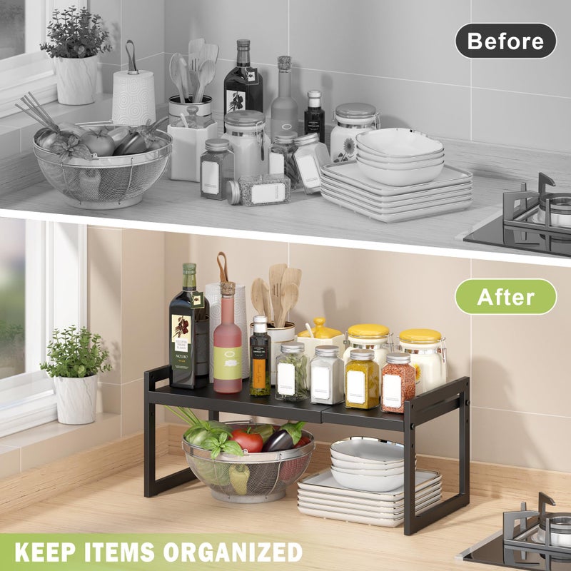 DOLALIKE Expandable kitchen Countertop Organizer, Stackable Cabinet Shelf Organizers, Space Saving Spice Rack Pantry Storage for Bathroom Office (Black, 1 Pack) - Image 3
