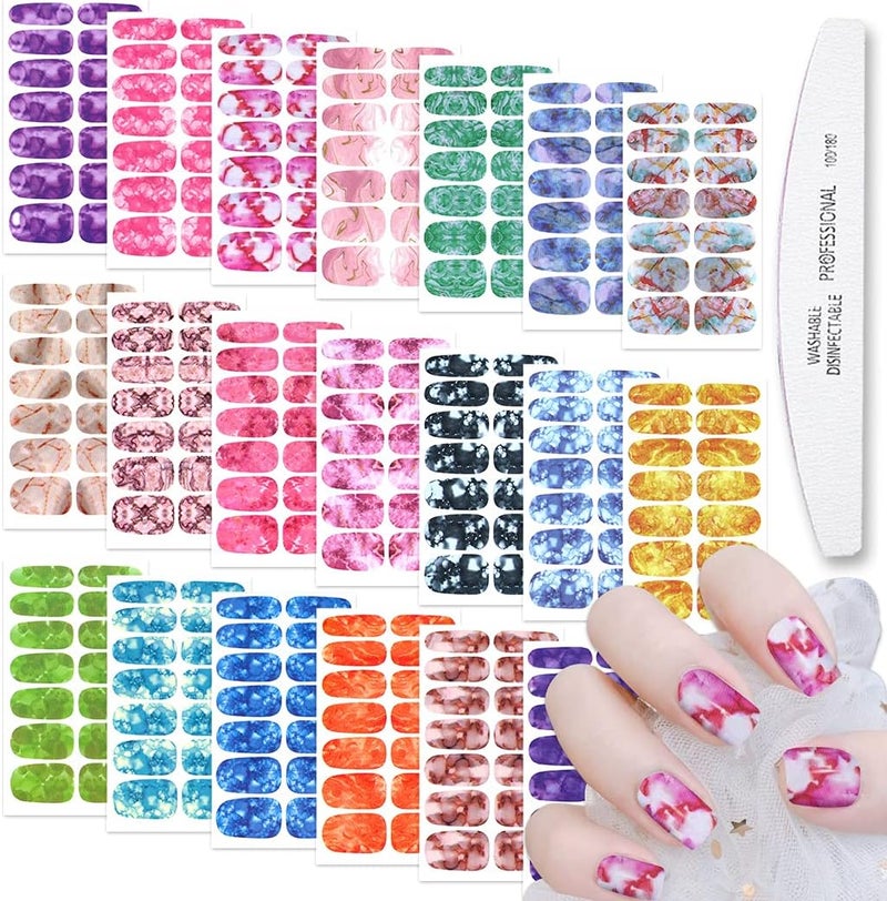 WOKOTO 20 Sheets Marble Peel and Stick Nail Polish Strips Candy Color Gradient Full Marble Nail Stickers for Women Girls with Nail File Nail Polish Wraps Real Nail Polish Strips Stick On Nail Strips