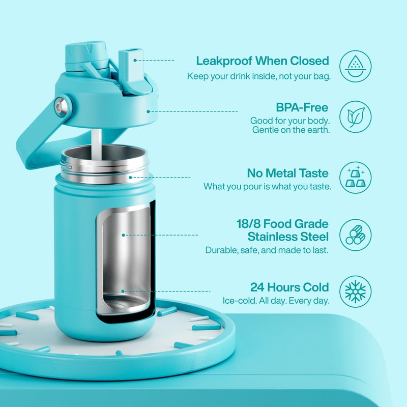 ENCOOL Kids Insulated Water Bottle with Straw - 12oz Stainless Steel Water Bottle with Dual Spouts, Leak-Proof, BPA-Free, Double Wall Vacuum Keeps Cold for 24 Hours for Sports, Travel (Aquamarine Blue) - Image 5