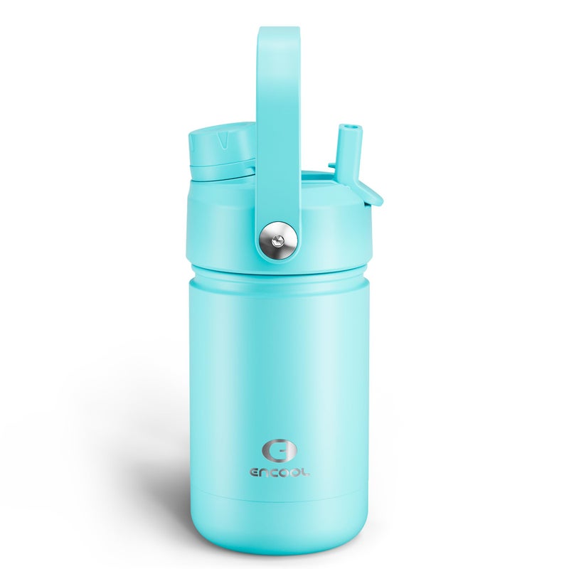 ENCOOL Kids Insulated Water Bottle with Straw - 12oz Stainless Steel Water Bottle with Dual Spouts, Leak-Proof, BPA-Free, Double Wall Vacuum Keeps Cold for 24 Hours for Sports, Travel (Aquamarine Blue) - Image 1