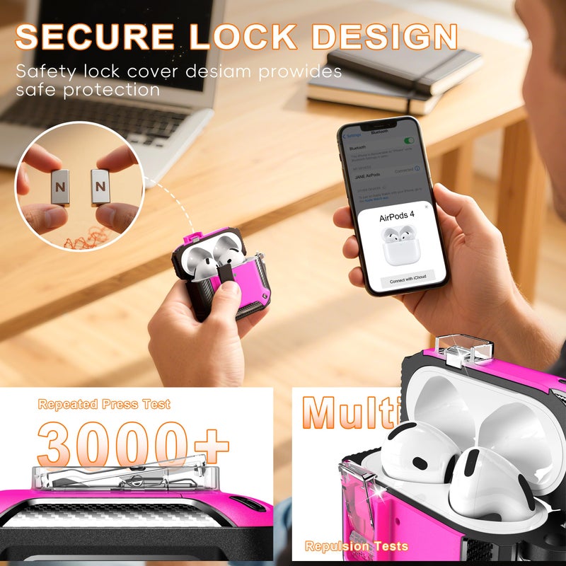 R-fun لحافظة AirPods 4 مع مجموعة تنظيف، عناصر من ألياف الكربون، مقاومة للسقوط العسكرية، غطاء تلقائي، حامل هاتف وقاعدة مغناطيسية مع خطاف كارابينر متوافقة مع AirPods الجيل الرابع 2024، أسود/وردي - Image 5