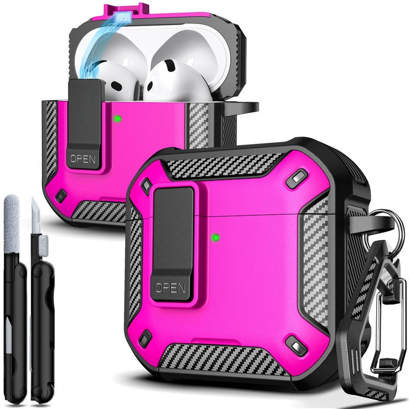 R-fun لحافظة AirPods 4 مع مجموعة تنظيف، عناصر من ألياف الكربون، مقاومة للسقوط العسكرية، غطاء تلقائي، حامل هاتف وقاعدة مغناطيسية مع خطاف كارابينر متوافقة مع AirPods الجيل الرابع 2024، أسود/وردي - Image 1