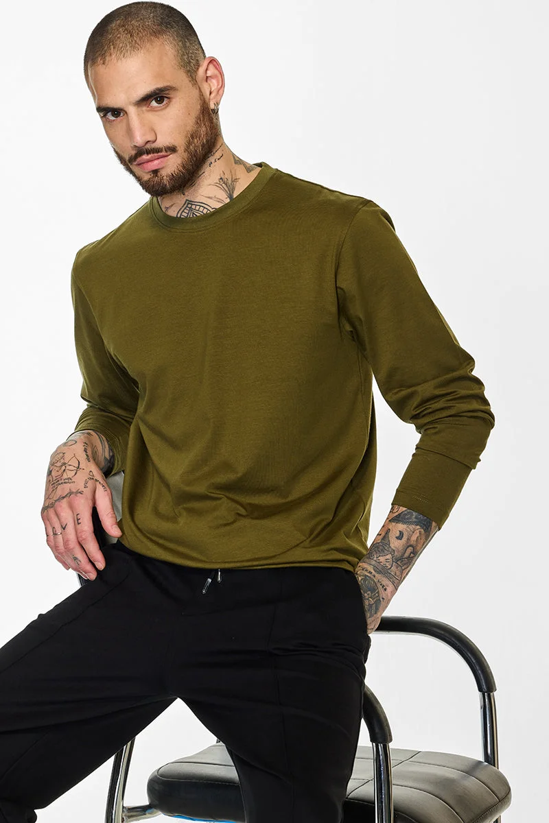 SNITCH  Olive Solid Long Sleeve Slim Fit Casual T-Shirt for Men | Best Price UAE