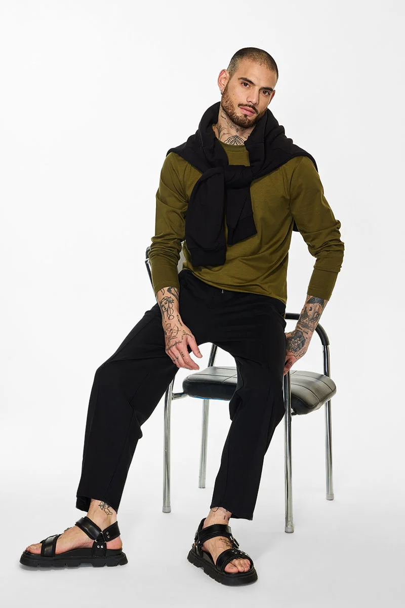 SNITCH  Olive Solid Long Sleeve Slim Fit Casual T-Shirt for Men | Best Price UAE