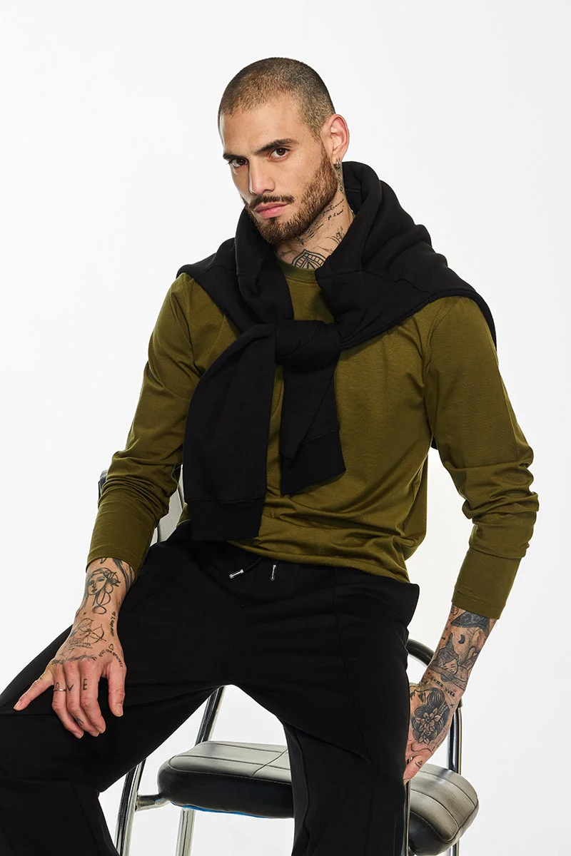 سنيتش Olive Solid Long Sleeve Slim Fit Casual T-Shirt