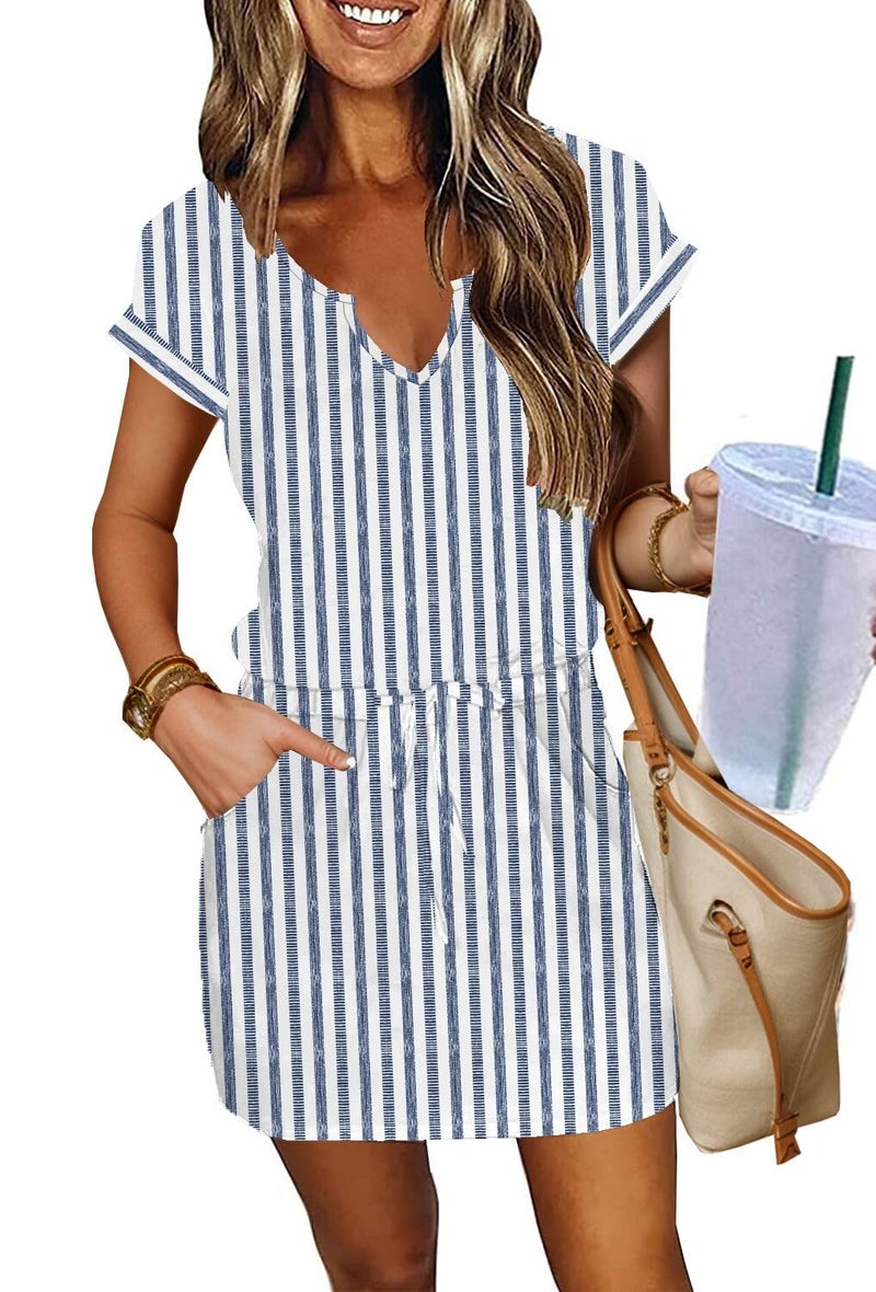 SAUKOLE Summer Dresses for Women 2026 Casual Loose V Neck Dress Trendy Drawstring Waist Sundresses with Pockets - Image 1