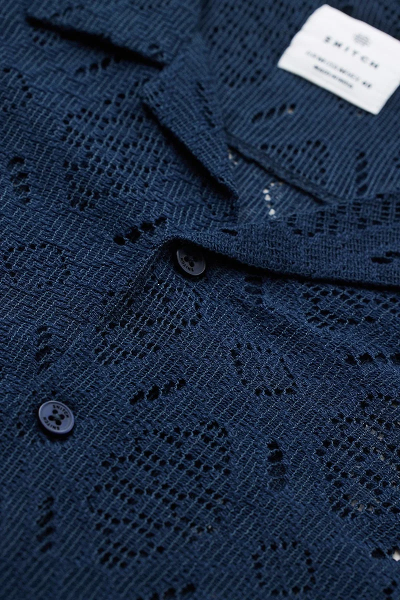 SNITCH Navy Self-Design Box Fit Crochet Shirt
