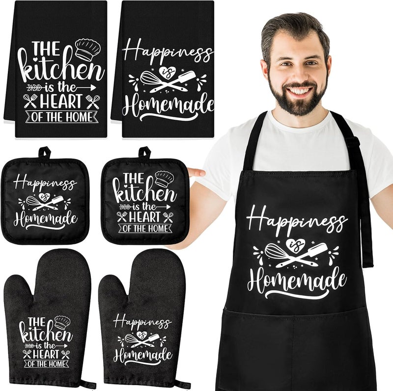Sratte Sratte 7 Pcs Kitchen Towels Oven Mitts and Pot Holders with Cooking Apron 1 Chef Cooking Apron 2 Dish Towels 2 Kitchen Oven Mitts 2 Heat Resistant Pot Holder with Hanging Loop Set Delicate  - Image 1