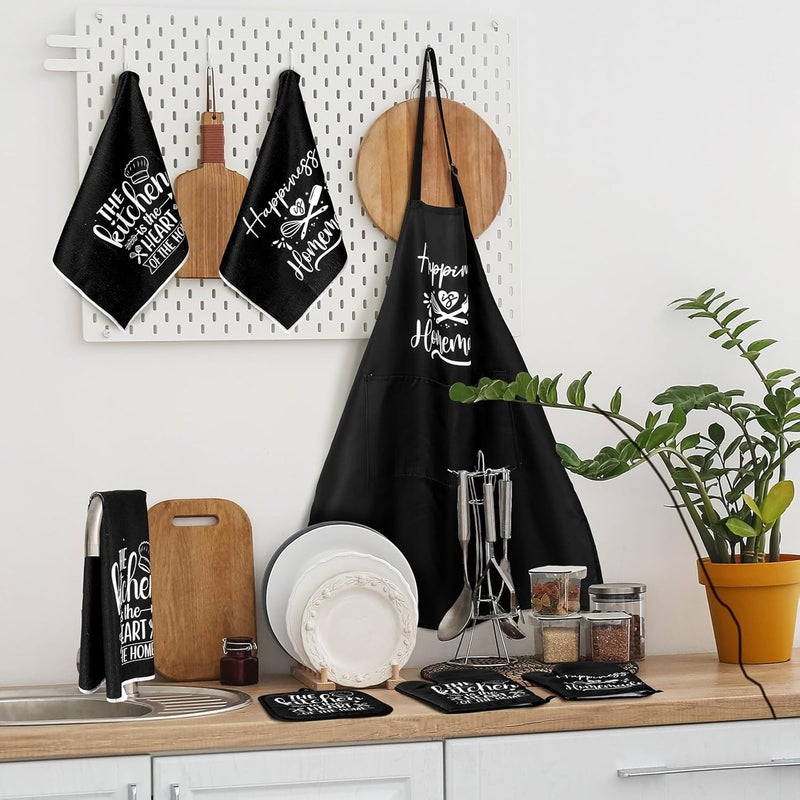 Sratte Sratte 7 Pcs Kitchen Towels Oven Mitts and Pot Holders with Cooking Apron 1 Chef Cooking Apron 2 Dish Towels 2 Kitchen Oven Mitts 2 Heat Resistant Pot Holder with Hanging Loop Set Delicate  - Image 2