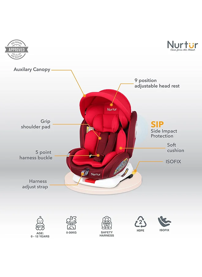 نورتر Ultra Baby 4 In 1 Car Seat Isofix 9-Level Adjustable Headrest And Canopy Upto 36Kg Red