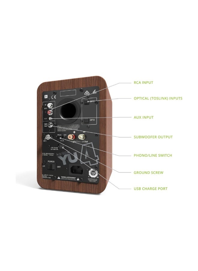 Kanto Audio YU4 140W Powered Bookshelf Speakers with Bluetooth and Phono Preamp - Walnut, Pair - Image 4