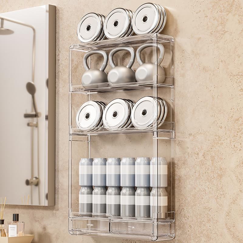 BOHOIDEE 3 Tiers Wall Acrylic Display Shelves with 2 Division Boards, Large Capactiy Acrylic Bathroom Organizer, Wall-Mounted Dustproof Makeup Organizer Storage for Bathroom, Kitchen, Room Decor - Image 4