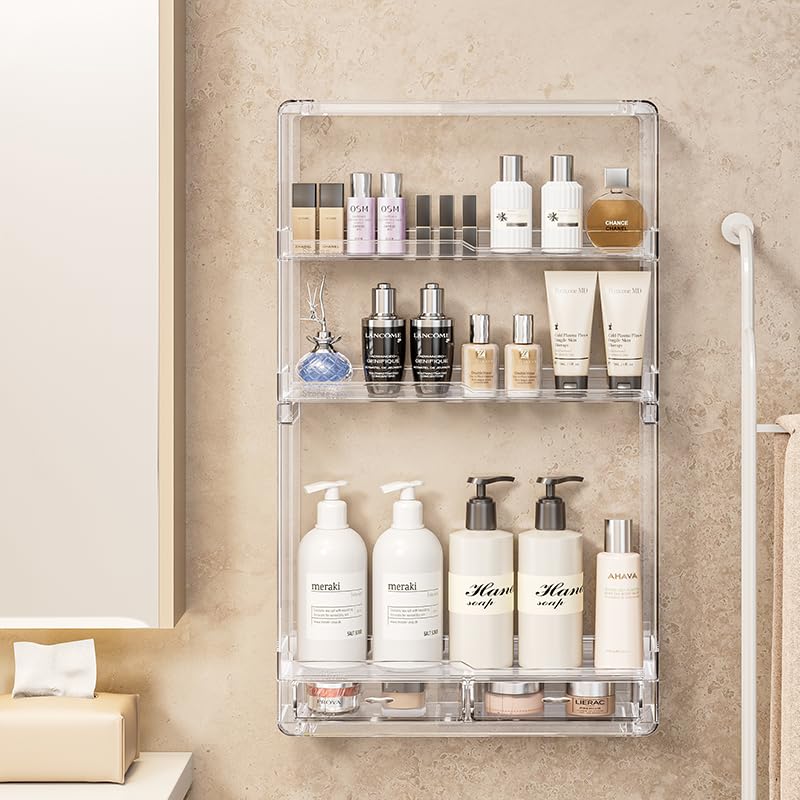 BOHOIDEE 3 Tiers Wall Acrylic Display Shelves with 2 Division Boards, Large Capactiy Acrylic Bathroom Organizer, Wall-Mounted Dustproof Makeup Organizer Storage for Bathroom, Kitchen, Room Decor - Image 3