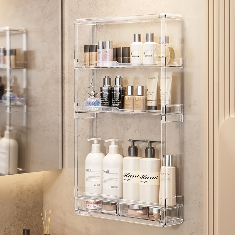 BOHOIDEE 3 Tiers Wall Acrylic Display Shelves with 2 Division Boards, Large Capactiy Acrylic Bathroom Organizer, Wall-Mounted Dustproof Makeup Organizer Storage for Bathroom, Kitchen, Room Decor - Image 1