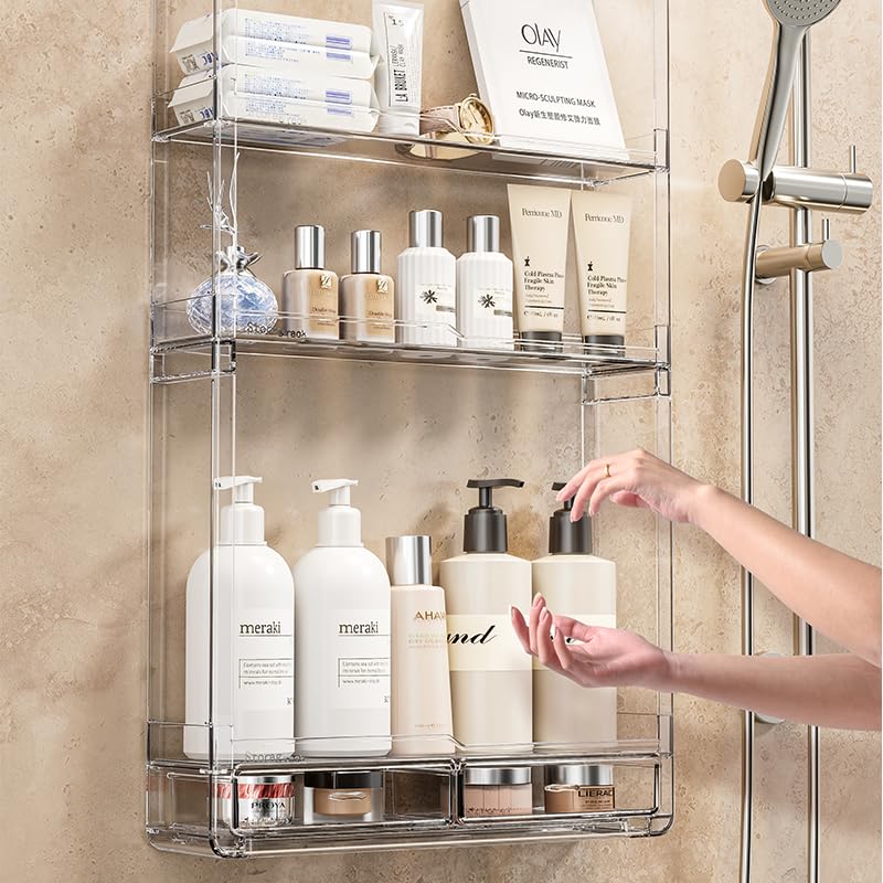 BOHOIDEE 3 Tiers Wall Acrylic Display Shelves with 2 Division Boards, Large Capactiy Acrylic Bathroom Organizer, Wall-Mounted Dustproof Makeup Organizer Storage for Bathroom, Kitchen, Room Decor - Image 5