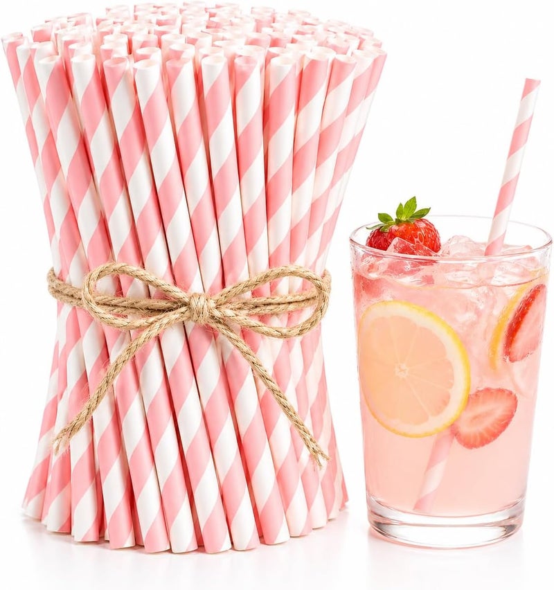 Haundry 100 Count Pink Striped Paper Straws, Biodegradable Disposable Drinking Straws for Bridal Shower, Brithday, Cocktails, Wedding, Baby Shower Party Decoration Supplies - Image 1