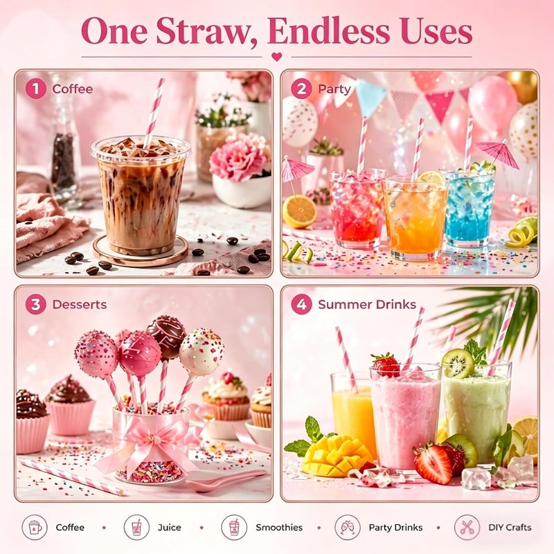 Haundry 100 Count Pink Striped Paper Straws, Biodegradable Disposable Drinking Straws for Bridal Shower, Brithday, Cocktails, Wedding, Baby Shower Party Decoration Supplies - Image 4