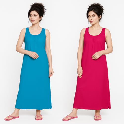 Garmend Women's Hosiery Cotton Full Length Camisole Long Inner Wear Slip-Kurti Petticoat Nighty Pack of 2 Pc (in, Alpha, XL, Regular, Light Blue Red) - Image 2