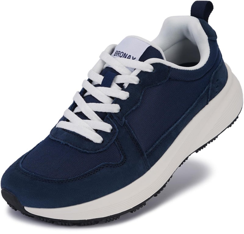 BRONAX Wide Toe Box Tennis Shoes for Women Size 8w Width Fashion Walking Road Running Sneakers Suede Mesh Fitness Non Slip Lightweight Lace Up Female Lady Dark Blue 39 - Image 2