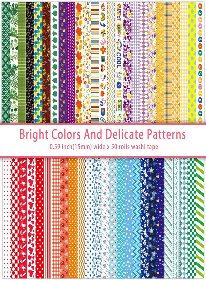 emmoolife 50 Rolls Washi Tape Set, 15mm Wide Rainbow Colored Tape, Aesthetic Design, Decorative Tape for Scrapbooking, Bullet Journal, Trash Diary, Embrul Planners - Image 2