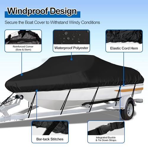 iCOVER Trailerable Boat Cover- 17'-19' Heavy Duty Waterproof Tarp Covers with Storage Bag, Fits V-Hull, Fish&Ski, Pro-Style, Fishing, Runabout, Bass Boats, up to 17ft-19ft Long X 96" Wide - Image 2