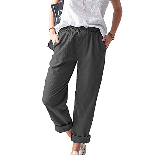 WROLEM Women's Straight Pants Elastic Waist Casual Trousers Pants with Pockets Dark Gray - Image 1