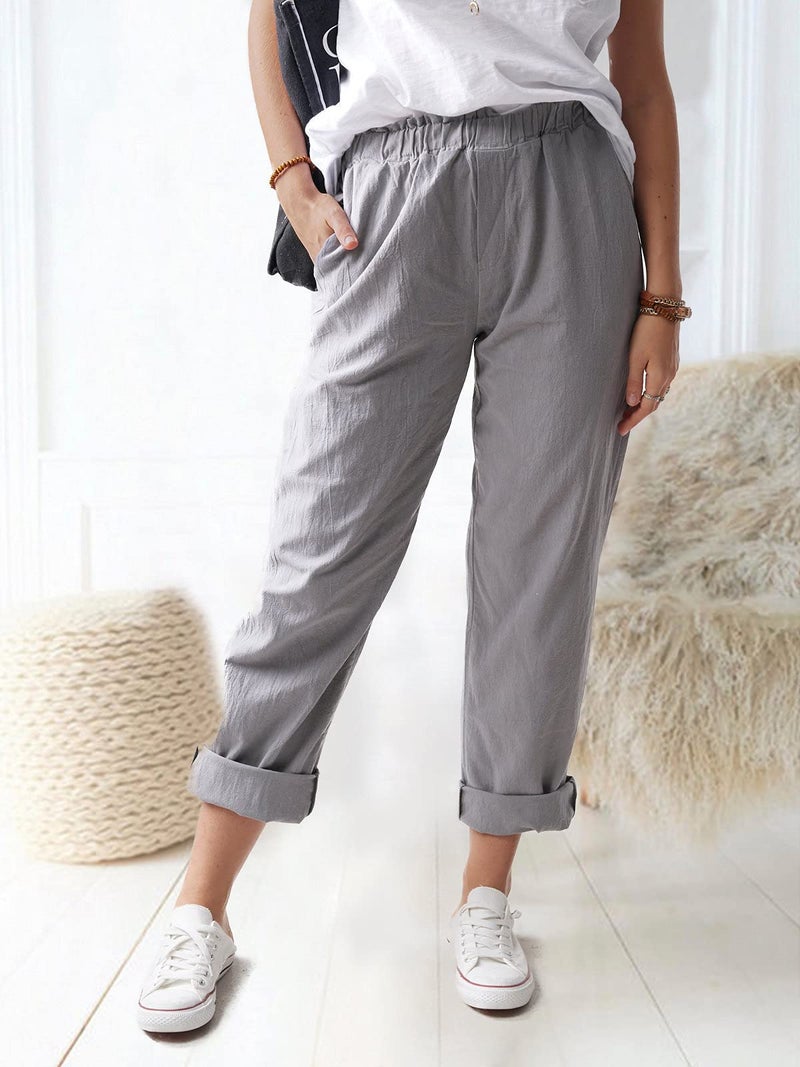 WROLEM Women's Straight Pants Elastic Waist Casual Trousers Pants with Pockets Dark Gray - Image 3