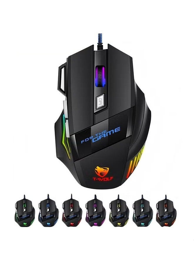 تي- وولف ماوس سلكي صامت M1 بثلاثة أوضاع، ماوس ألعاب، للألعاب/العمل، فأرة كمبيوتر مع مستقبل USB، إضاءة خلفية بـ 7 ألوان، 7 أزرار، أسود - Image 1