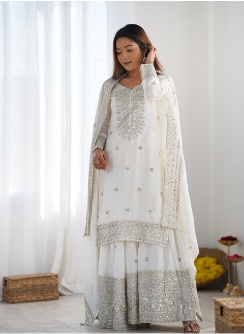New Chinnon Silk with Heavy Embroidery Sequence Work Top-Palazzo and Dupatta Set with Fully Stitched Sharara Ready to Wear Collection