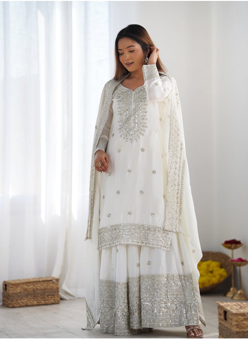 Super Asian New Chinnon Silk with Heavy Embroidery Sequence Work Top-Palazzo and Dupatta Set with Fully Stitched Sharara Ready to Wear Collection  - Image 1