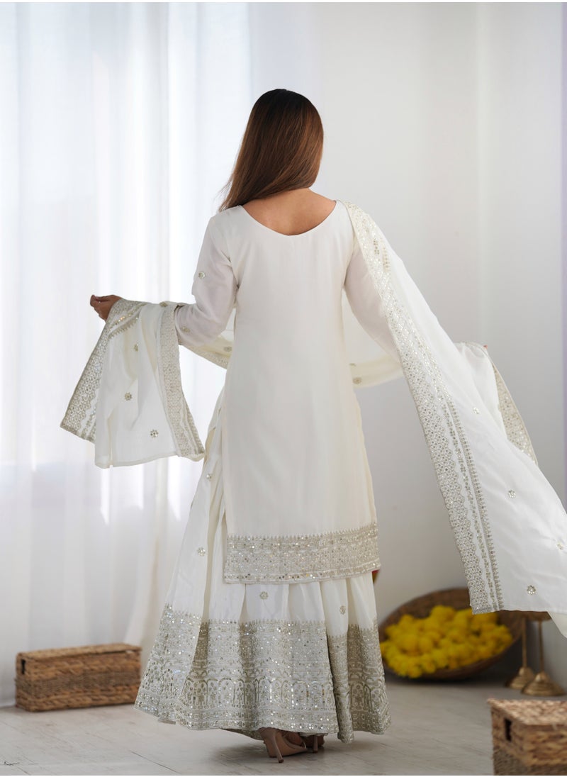 Super Asian New Chinnon Silk with Heavy Embroidery Sequence Work Top-Palazzo and Dupatta Set with Fully Stitched Sharara Ready to Wear Collection  - Image 3