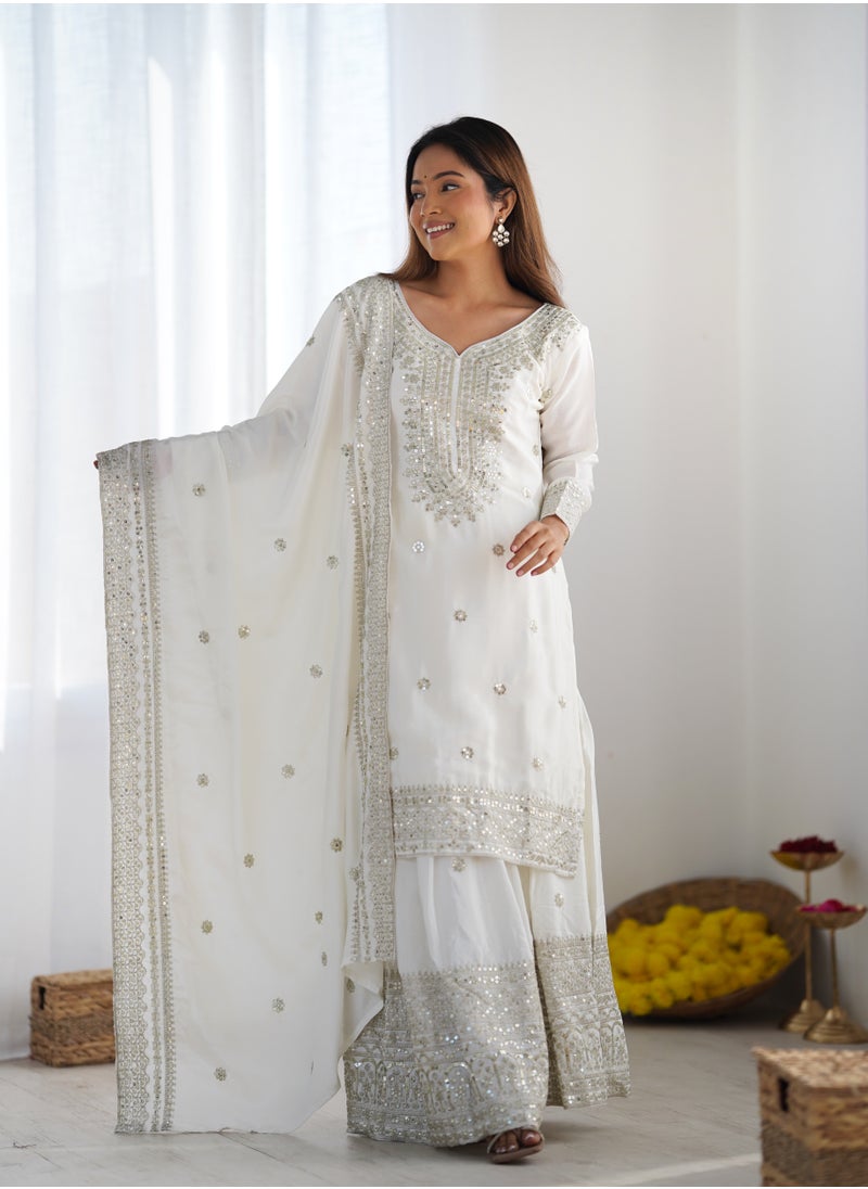 Super Asian New Chinnon Silk with Heavy Embroidery Sequence Work Top-Palazzo and Dupatta Set with Fully Stitched Sharara Ready to Wear Collection  - Image 5