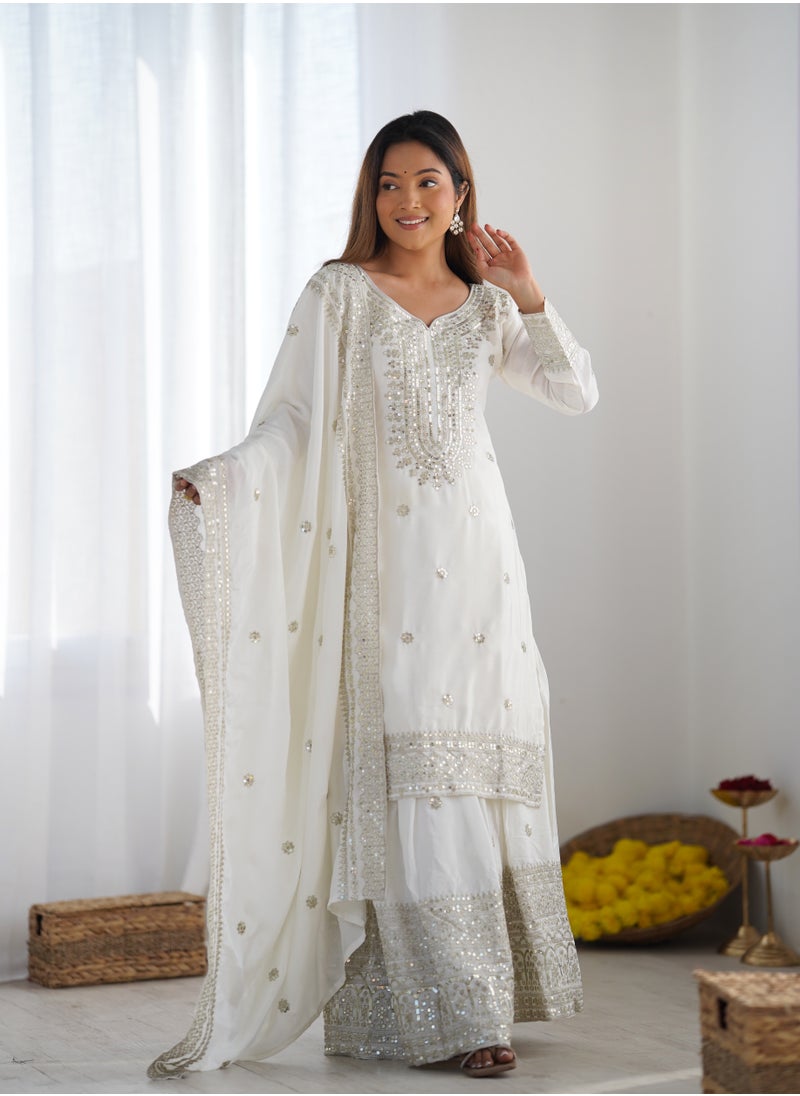 Super Asian - New Chinnon Silk with Heavy Embroidery Sequence Work Top-Palazzo and Dupatta Set with Fully Stitched Sharara Ready to Wear Collection - Image 1