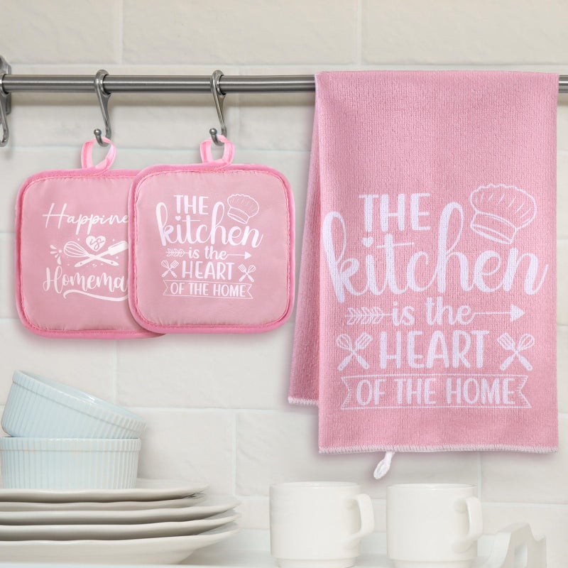 Sratte 6 Pcs Kitchen Decor Accessories Set Farmhouse Towels Pot Holders Oven Mitts Set 2 Dish Towels 2 Potholders 2 Cooking Mittens Oven Glove for Christmas Baking Cooking Supply(Pink,Kitchen) - Image 3