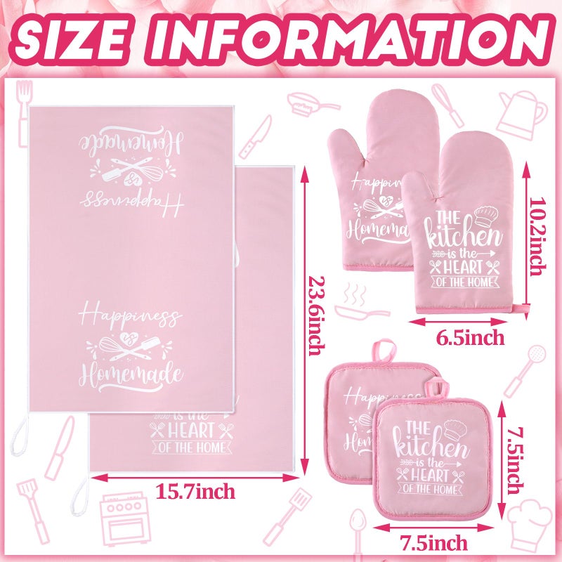 Sratte 6 Pcs Kitchen Decor Accessories Set Farmhouse Towels Pot Holders Oven Mitts Set 2 Dish Towels 2 Potholders 2 Cooking Mittens Oven Glove for Christmas Baking Cooking Supply(Pink,Kitchen) - Image 4