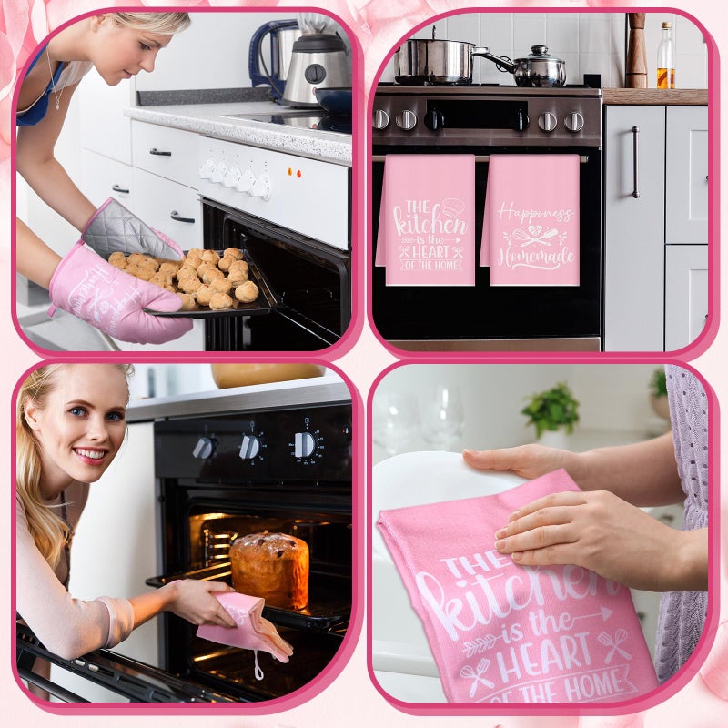 Sratte 6 Pcs Kitchen Decor Accessories Set Farmhouse Towels Pot Holders Oven Mitts Set 2 Dish Towels 2 Potholders 2 Cooking Mittens Oven Glove for Christmas Baking Cooking Supply(Pink,Kitchen) - Image 5